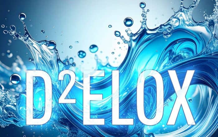 D2Elox Schriftzug mit Wasser im Hintergrund